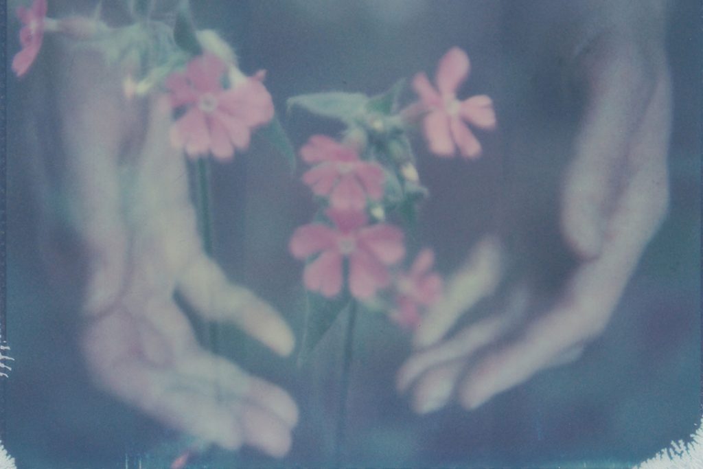 Double exposure of a hand and flowers on Polaroid film - In Between Polaroid Fine Art Series by Mila Maes on Shoot It With Film