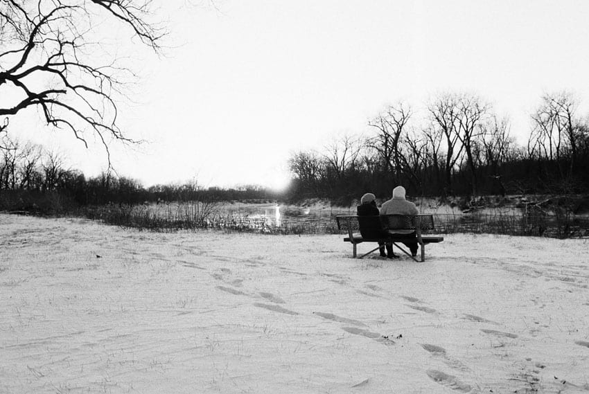 35mm film image of people sitting on a bench in winter - Contax G2 Film Camera Review on Shoot It With Film