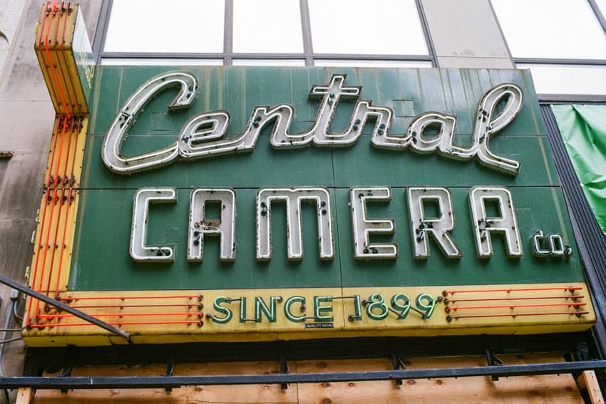 35mm film image of a camera store sign - Contax G2 Film Camera Review on Shoot It With Film