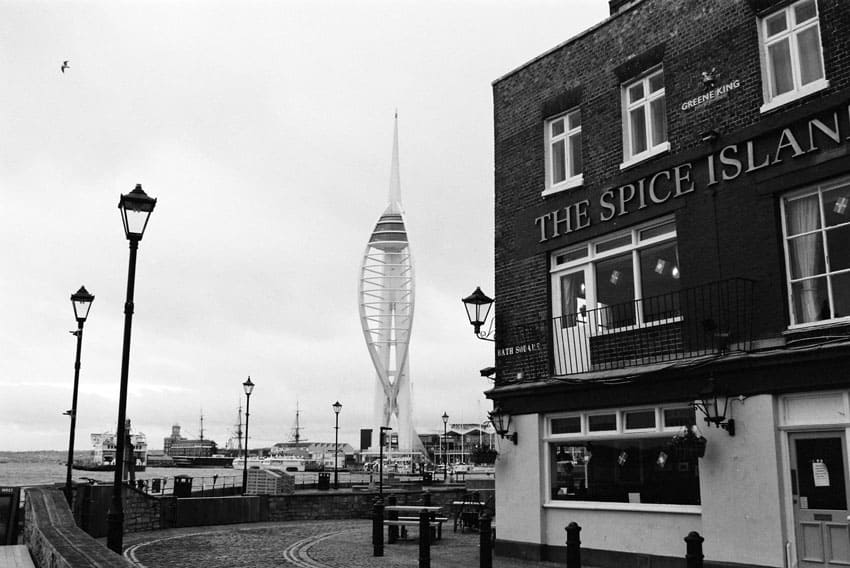 35mm black and white film image of Portsmouth, UK on Shoot It With Film